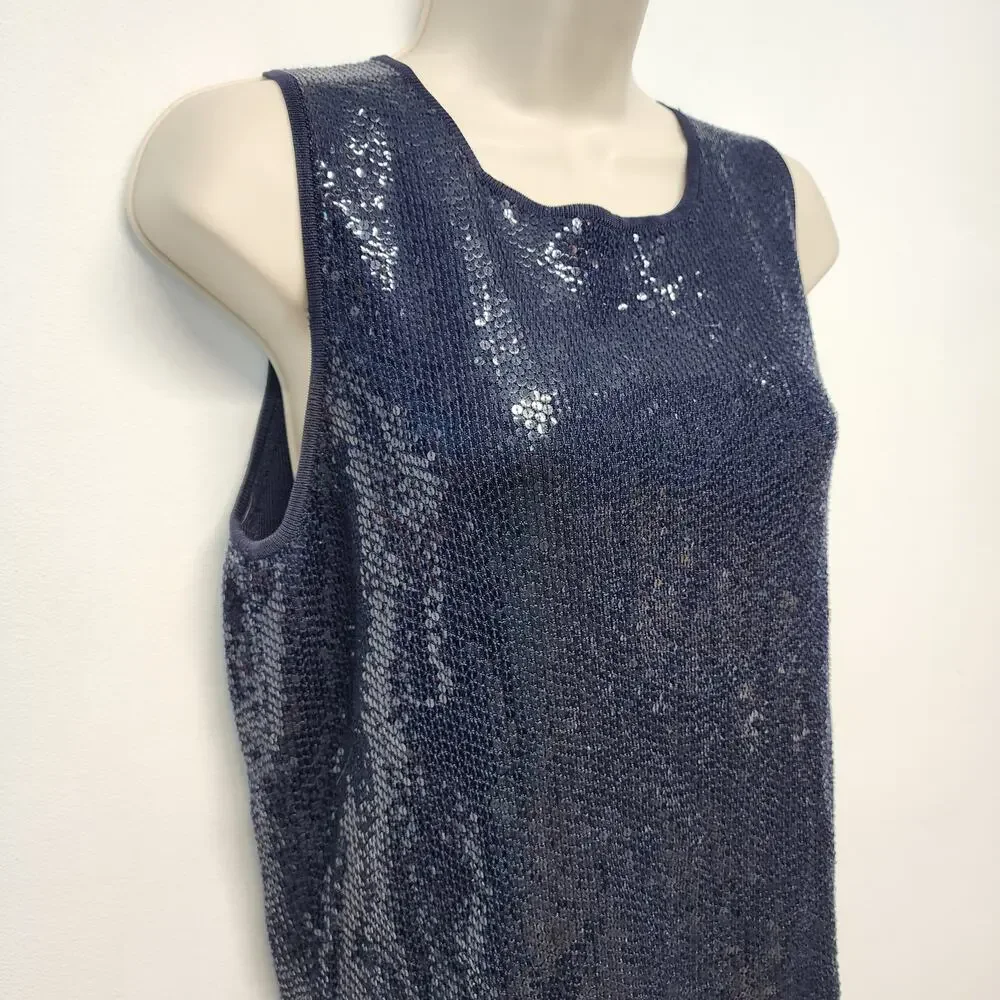 Carmen Marc Valvo Womens Allover Sequin Top Size M Blue Sleeveless Round Neck - Picture 6 of 13